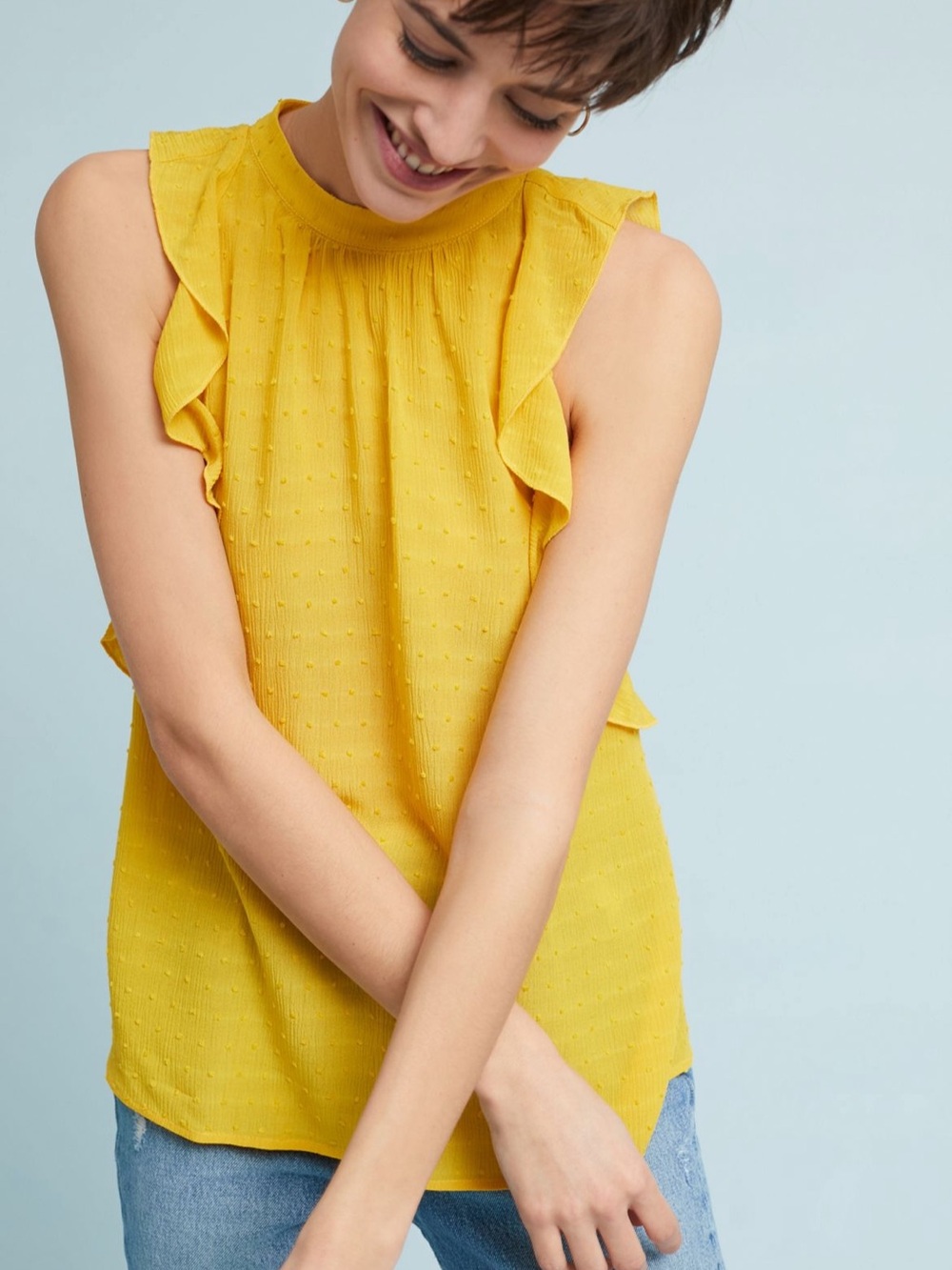 Anthropologie Maeve Lola Ruffled Top Swiss Dot Yellow Boho Preppy Size S